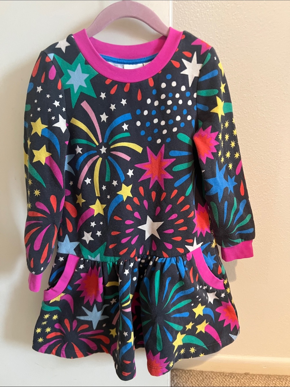 Mini Boden Black Dress with Colorful Firework and Star Print